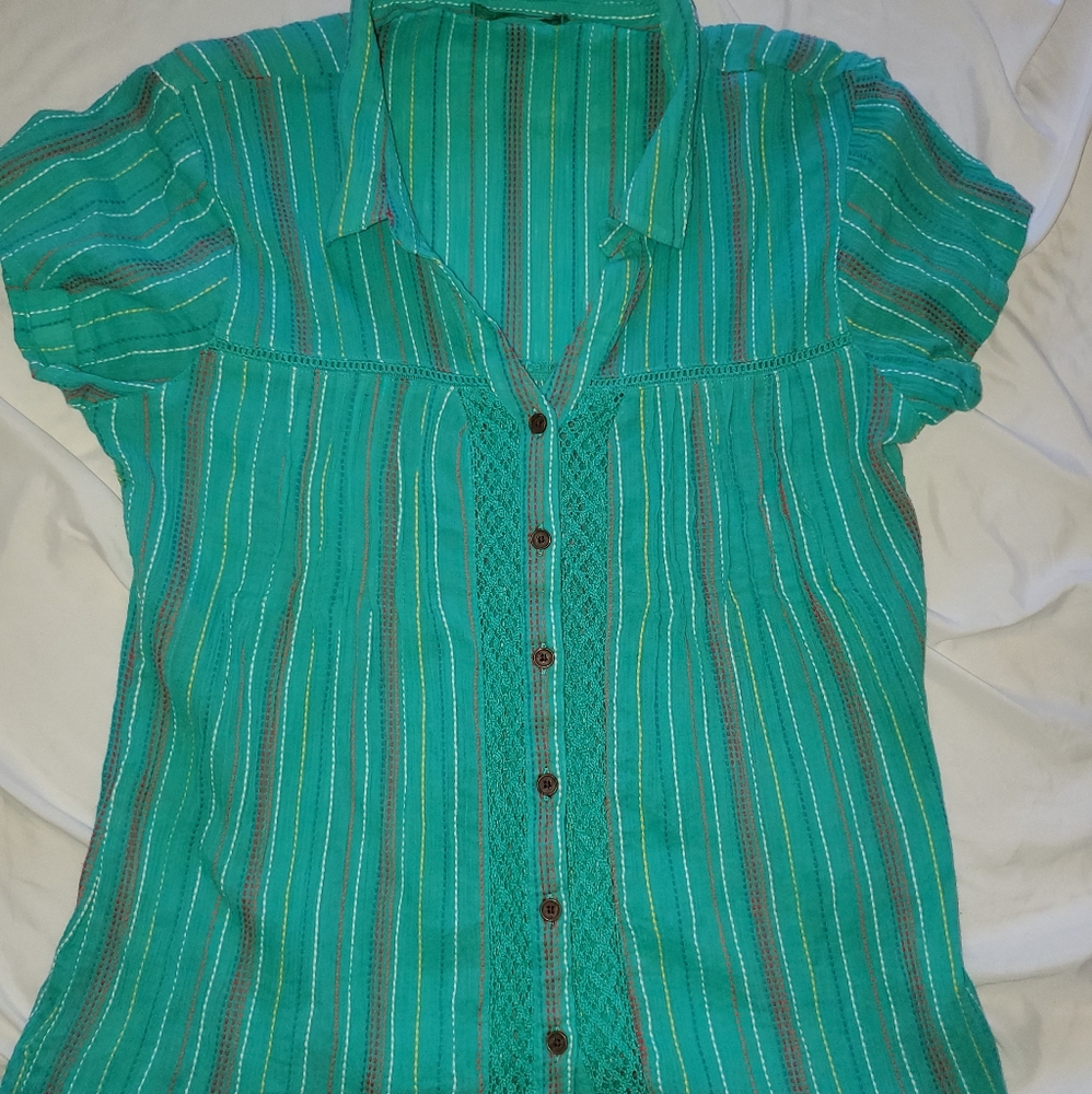 Turquoise boho/ summer Prana button up blouse.